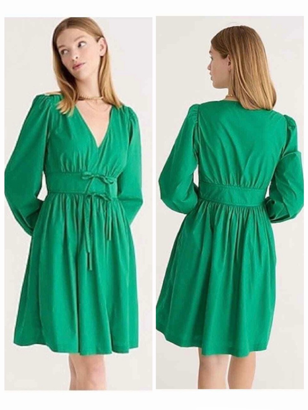 J.Crew Green V-neck Tie Waist Long Sleeve Cotton Poplin Mini Dress Size 6